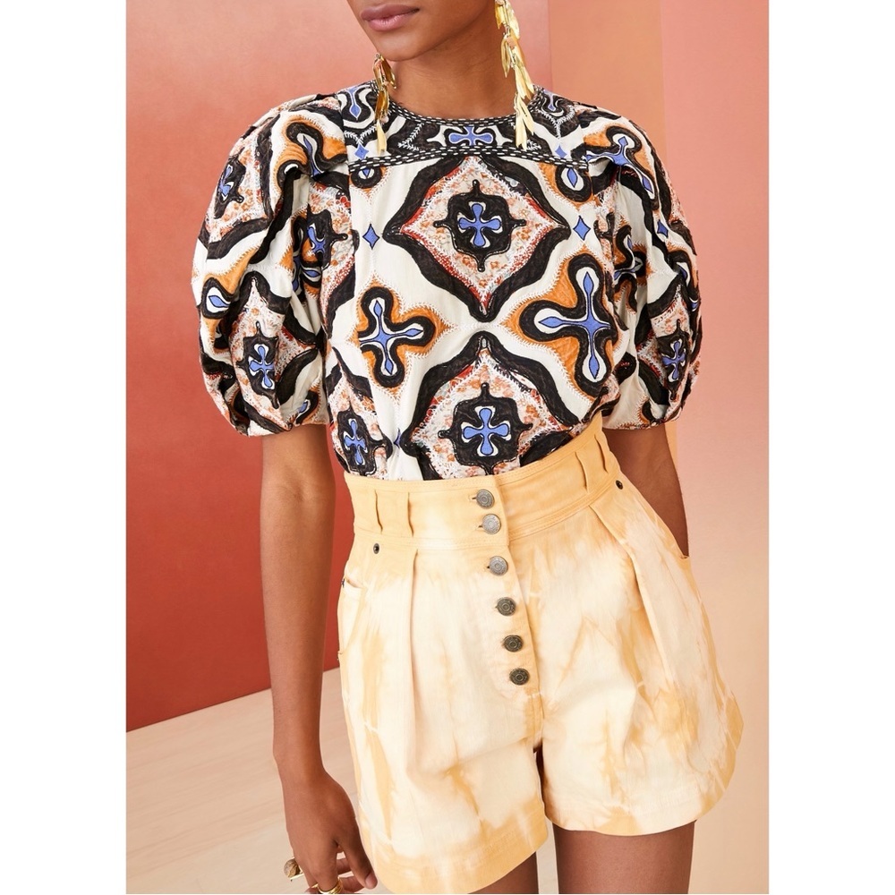 Ulla Johnson Cotton Puff-Sleeve Floral Applique Gaia Top